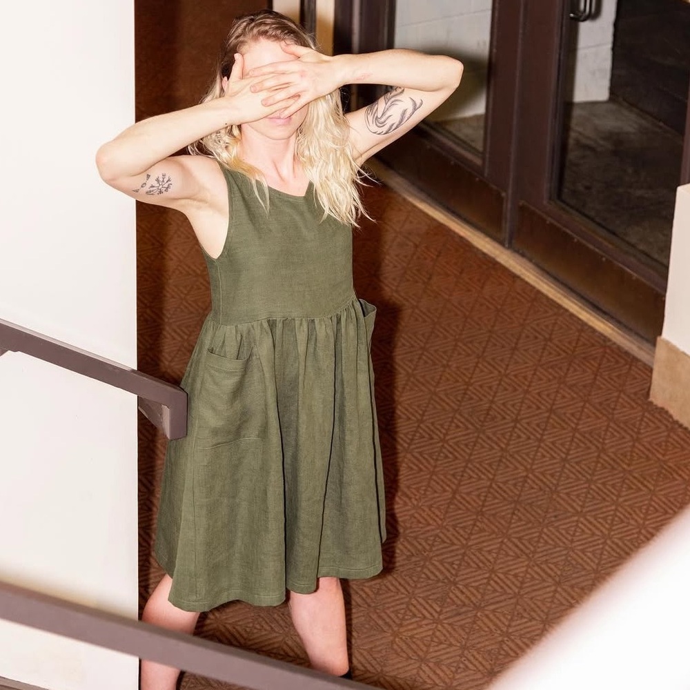 Delphine Bedient 100% Linen Handmade Empire Waist Dress in Fig — Size S